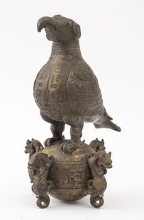 Chinese Archaistic Bronze Bird on Sphere Sculpture