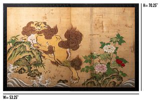 Chinese Antique Two Panel Foo Lion Folding Screen