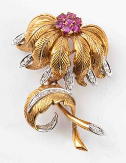 Italian 14K Gold Ruby & Diamond Floral Brooch
