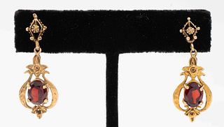 Victorian Revival 14K Gold Garnet Drop Earrings