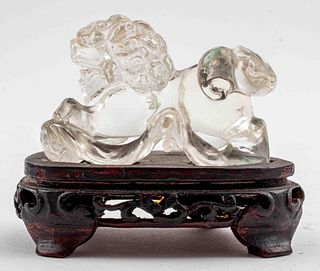 Asian Rock Crystal Carving of a Foo Lion on Wood Stand