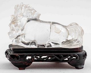 Asian Rock Crystal Carving of a Horse on Wooden Stand