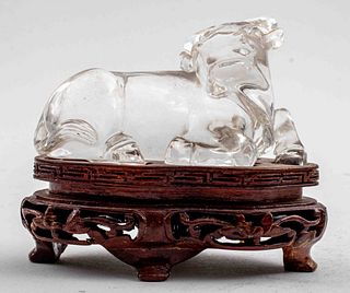 Asian Rock Crystal Carving of an Ox on Wooden Stand