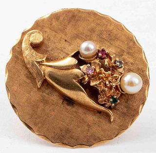 14K Gold Colored Stones Pearl Disc Brooch
