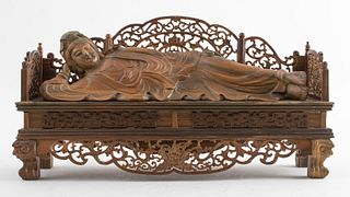 Chinese Wood Reclining Guan Yin on Day Bed