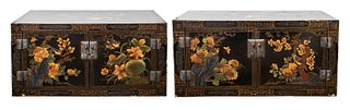 Chinese Hand Painted Black Lacquer Cabinets, Pair