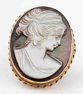 14K Yellow Gold Black Mother-Of-Pearl Cameo Brooch