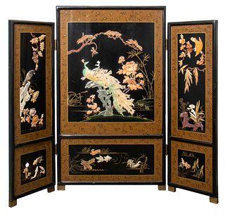 Chinese Black Lacquer Screen with Stone Inlay