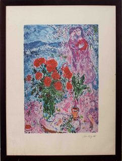 Marc Chagall "Red Bouquet with Lovers" Lithograph