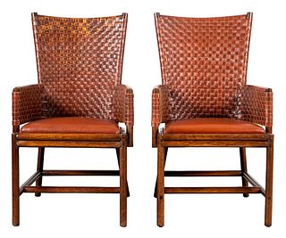 Modern Bentwood & Braided Leather Armchairs, Pr
