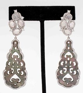 Silver Moonstone Mother-Of-Pearl CZ Drop Earrings