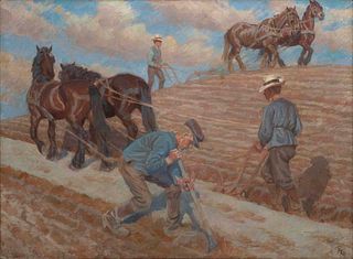 Peter Marius Hansen, Danish/It. 1868-1928, Plowing the Field, 1919, Oil on canvas, framed