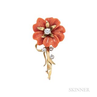 18kt Gold, Coral, and Diamond Flower Pendant/Brooch