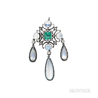 Antique Emerald, Moonstone, and Diamond Pendant/Brooch