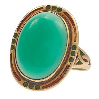 Art Deco Chalcedony, Enamel, 14k Ring