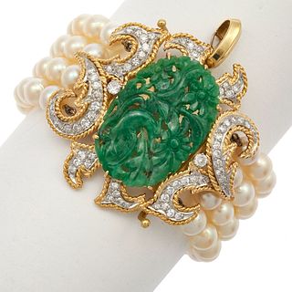 Jade, Diamond, Pearl, 18k Convertible Pendant Bracelet
