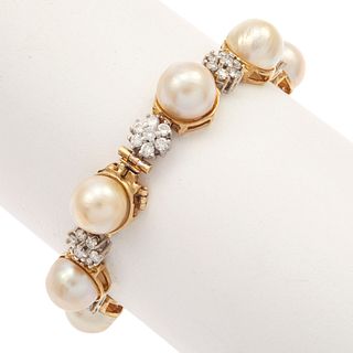 Diamond, Cultured Pearl, 14k White and Yellow Gold Bracelet