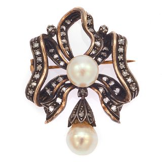 Victorian Diamond, Cultured Pearl, 14k, Silver Pin