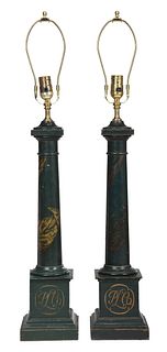 Pair Neoclassical Style Green Painted Decorative Lamps