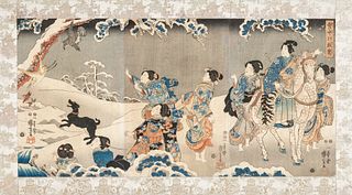 Utagawa Kuniyoshi, Untitled (Genji on Horseback with Women and Dog Chasing Birds), 1847-1848