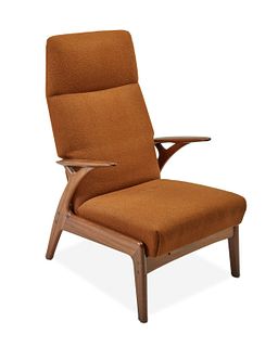 A modern teak reclining lounge chair