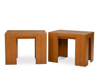 A pair of Karl Springer-style lacquered raffia covered side tables