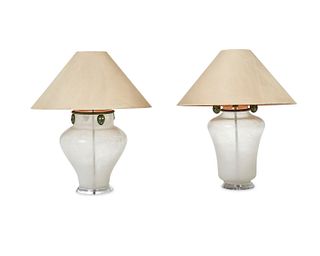 A near-pair of rusticated glass table lamps