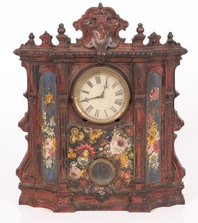 A Victorian Paint Decorated Cast Iron Mantel Clock