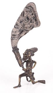 A Bamileke Fertility Bronze and Horn Vessel