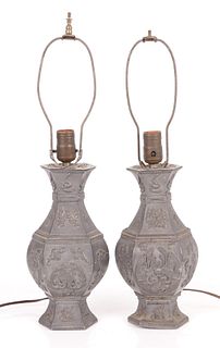A Pair Of Chinese Pewter Lamps