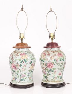 A Pair Of Chinese Famille Rose Ginger Jar Lamps