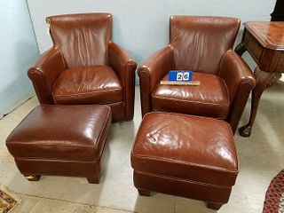 PAIR LEATHER CLUB CHAIRS + OTTOMANS W/ LIFT SEATS