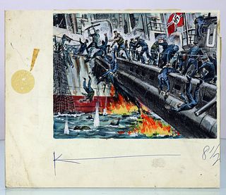 Original German U Boat & Ship Battle Scene Illustration