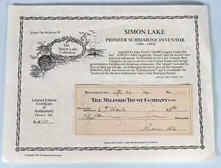 Submarine Inventor Simon Lake Signed 1924 Check