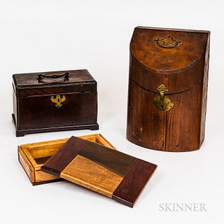 English Spruce Knife Box, Mahogany Veneered Tea Caddy, and Covered Box