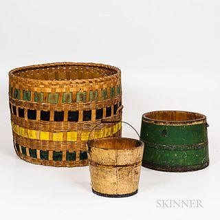 Splint Basket and Two Wooden Pails