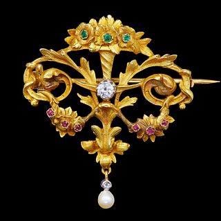 VICTORIAN DIAMOND RUBY AND PEARL BROOCH/PENDANT