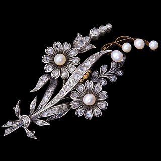 ANTIQUE PEARL AND DIAMOND FLORAL SPRAY BROOCH