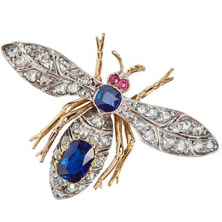 SAPPHIRE, DIAMOND AND RUBY FLY BROOCH