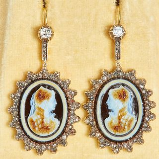 IMPORTANT PAIR OF BANDED AGATE CAMEO AND DIAMOND DROP EARRINGS