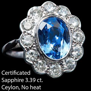 CERTIFICATED 3.39 CT. CEYLON SAPPHIRE AND DIAMOND CLUSTER RING