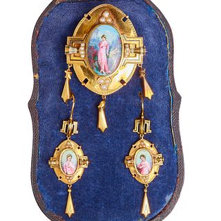 VICTORIAN ENAMEL PICTURE AND PEARL BROOCH AND PAIR OF EARRINGS