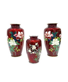 (3) Japanese Cloisonne Enamel Ginbari Foil Silverplate Vases