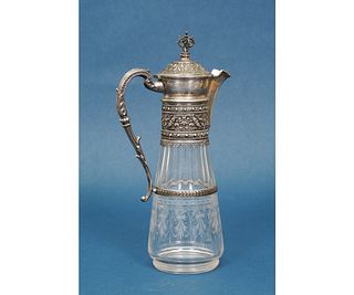ORNATE SILVER AND ETCHED GLASS CLARET JUG