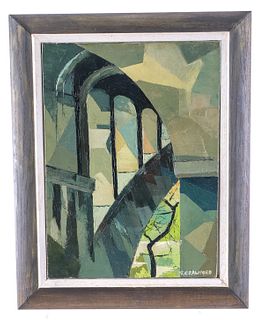 Mid Century Architectural Abstract Oil Painting