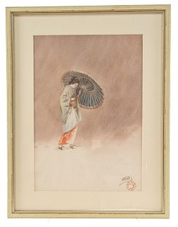 Japanese Watercolor of Walking Woman (20th cent.)