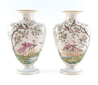 Pair of French Opaline Glass Vases: Enamel Birds
