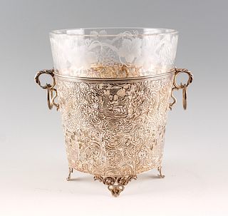 Dutch Silver & Cut / Etched Glass Ice Bucket