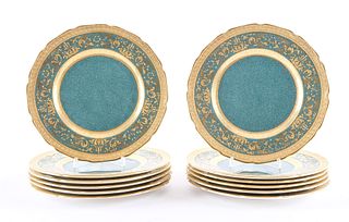 12 Royal Doulton Green and Gold Plates