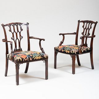 Pair of George III Mahogany Armchairs, in the Chinese Chippendale Neo-Gothic Taste